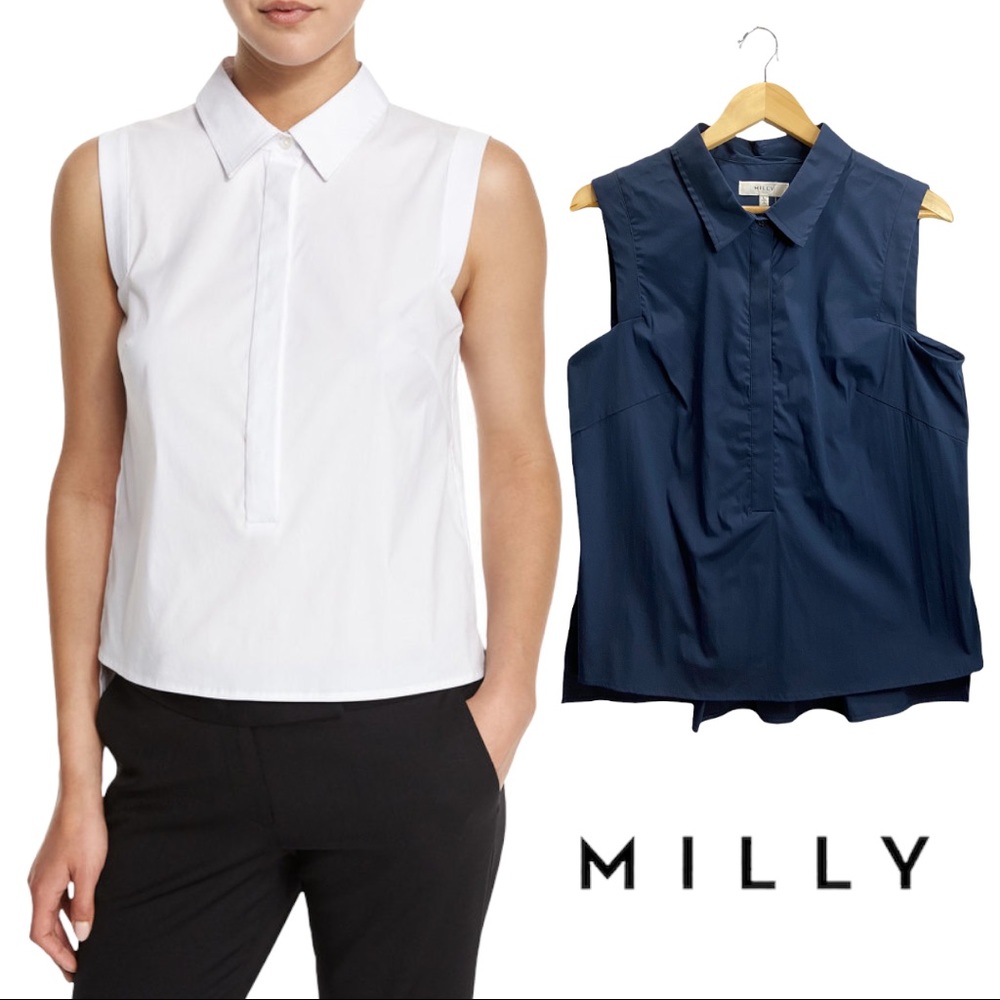 Milly Sleeveless Collared Shell in White and Navy
